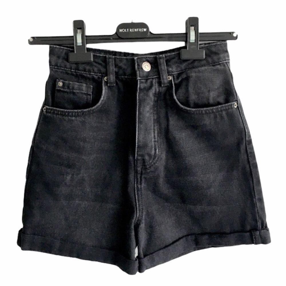 STRADIVARIUS High Waisted Denim Jean Shorts Cuff Black 24
